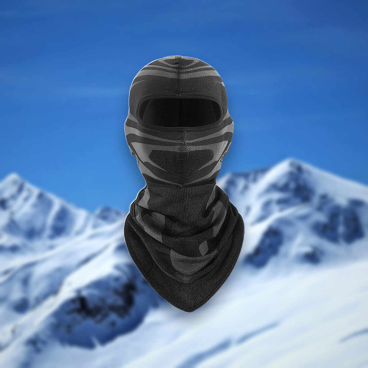 Ski balaclava, long length, covering face and neck, on a snowy mountain backdrop