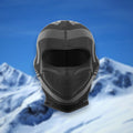 Ski balaclava, short length, covering face and neck, on a snowy mountain backdrop