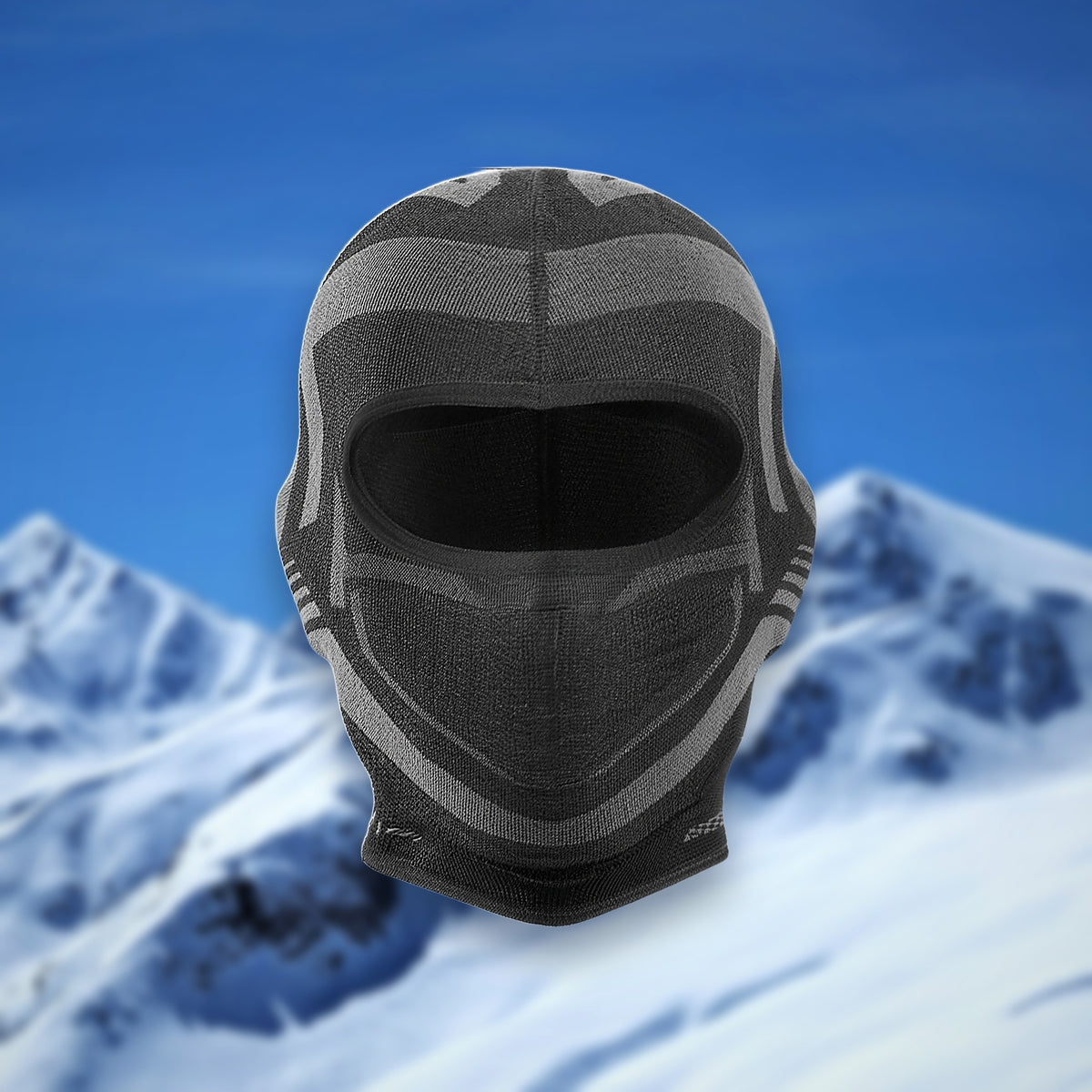 Ski balaclava, short length, covering face and neck, on a snowy mountain backdrop
