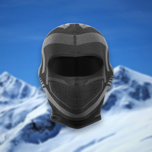 Ski balaclava, short length, covering face and neck, on a snowy mountain backdrop