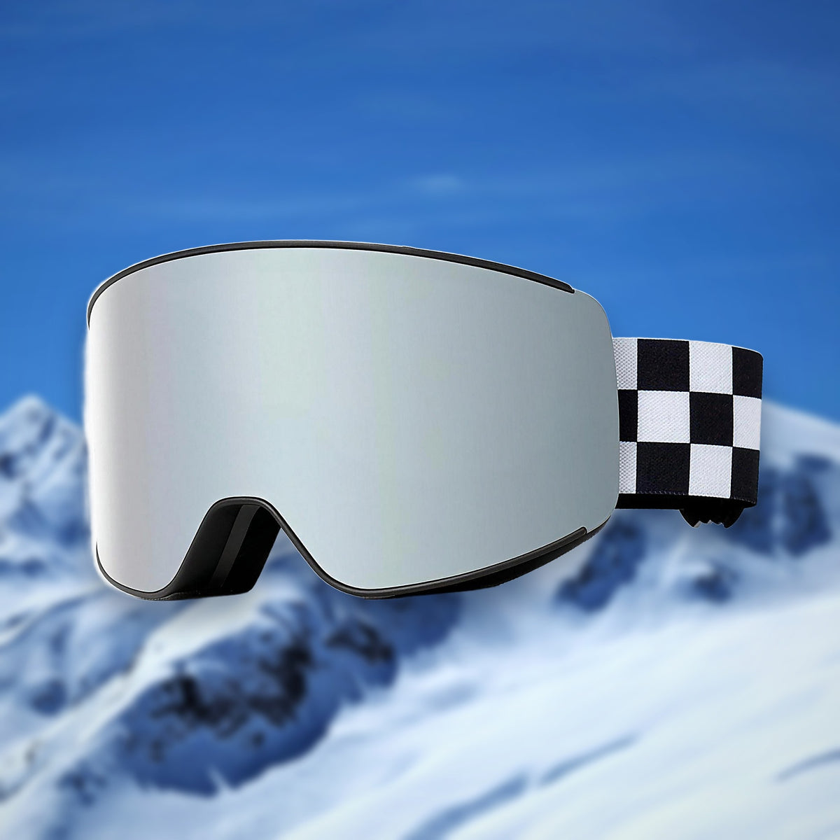 Alpine spherical anti-fog ski goggles, Black Mercury lens, on a snowy mountain backdrop