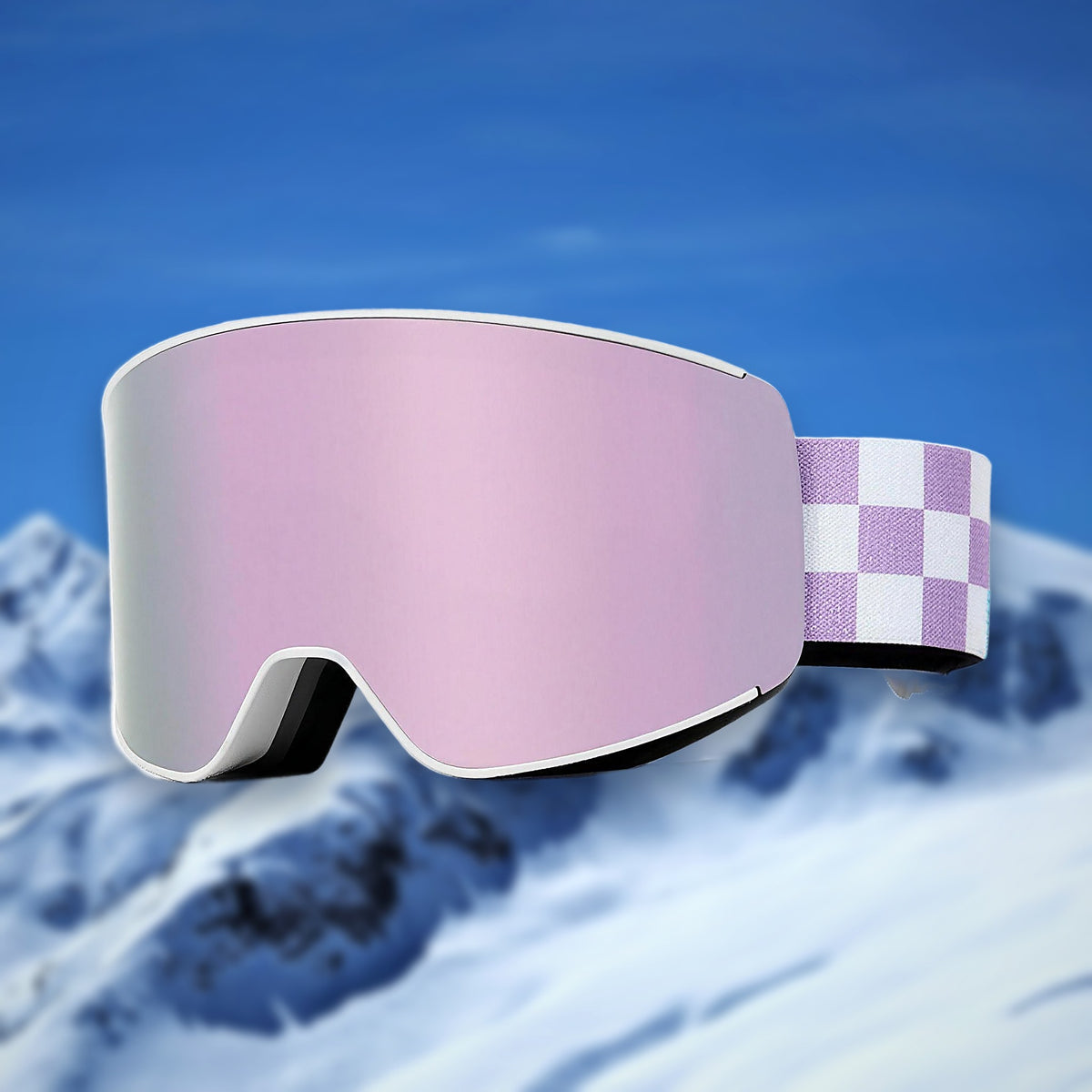 Alpine spherical anti-fog ski goggles, Cherry Pink lens, on a snowy mountain backdrop