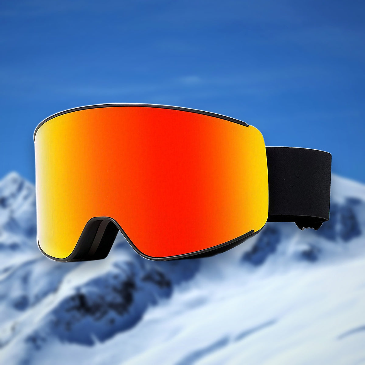 Alpine spherical anti-fog ski goggles, Red lens, on a snowy mountain backdrop