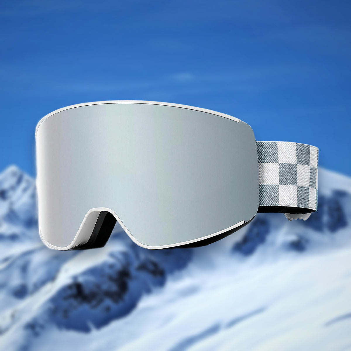 Alpine spherical anti-fog ski goggles, White Mercury lens, on a snowy mountain backdrop
