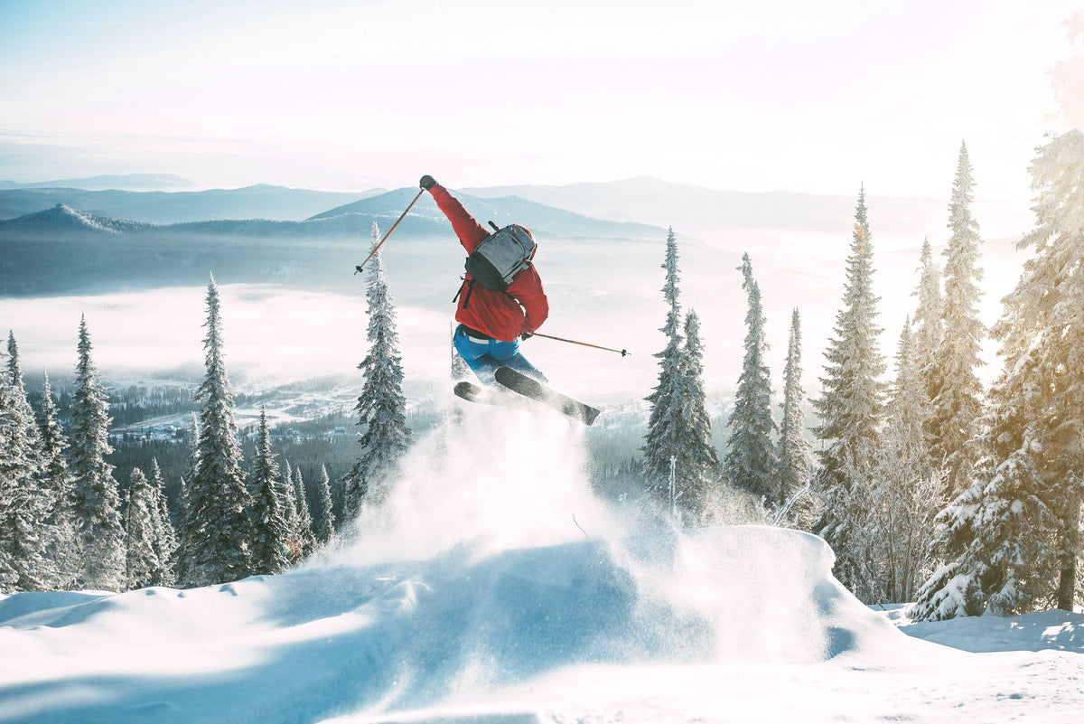 Skier jumping through powder between snowy pine trees