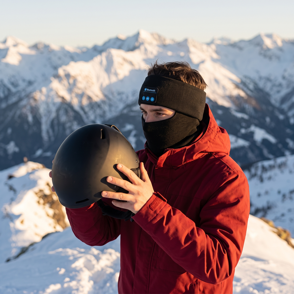 Illustrative image (AI-generated): skier looking out over the Alps wearing the Tunes Band in Black, about to put a helmet on
